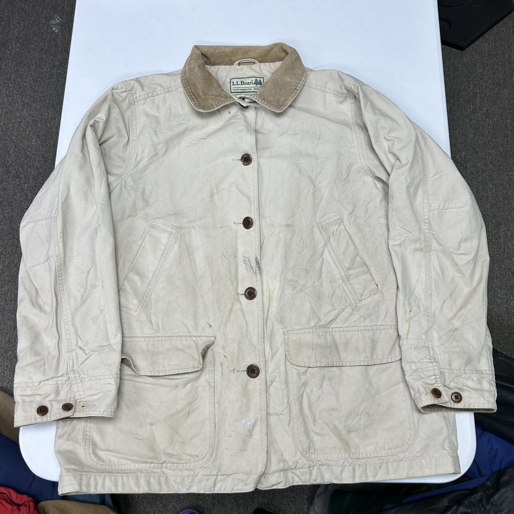 LL Bean Field Coat Womens XL Beige Canvas Corduroy Trim Barn Jacket 0WY22